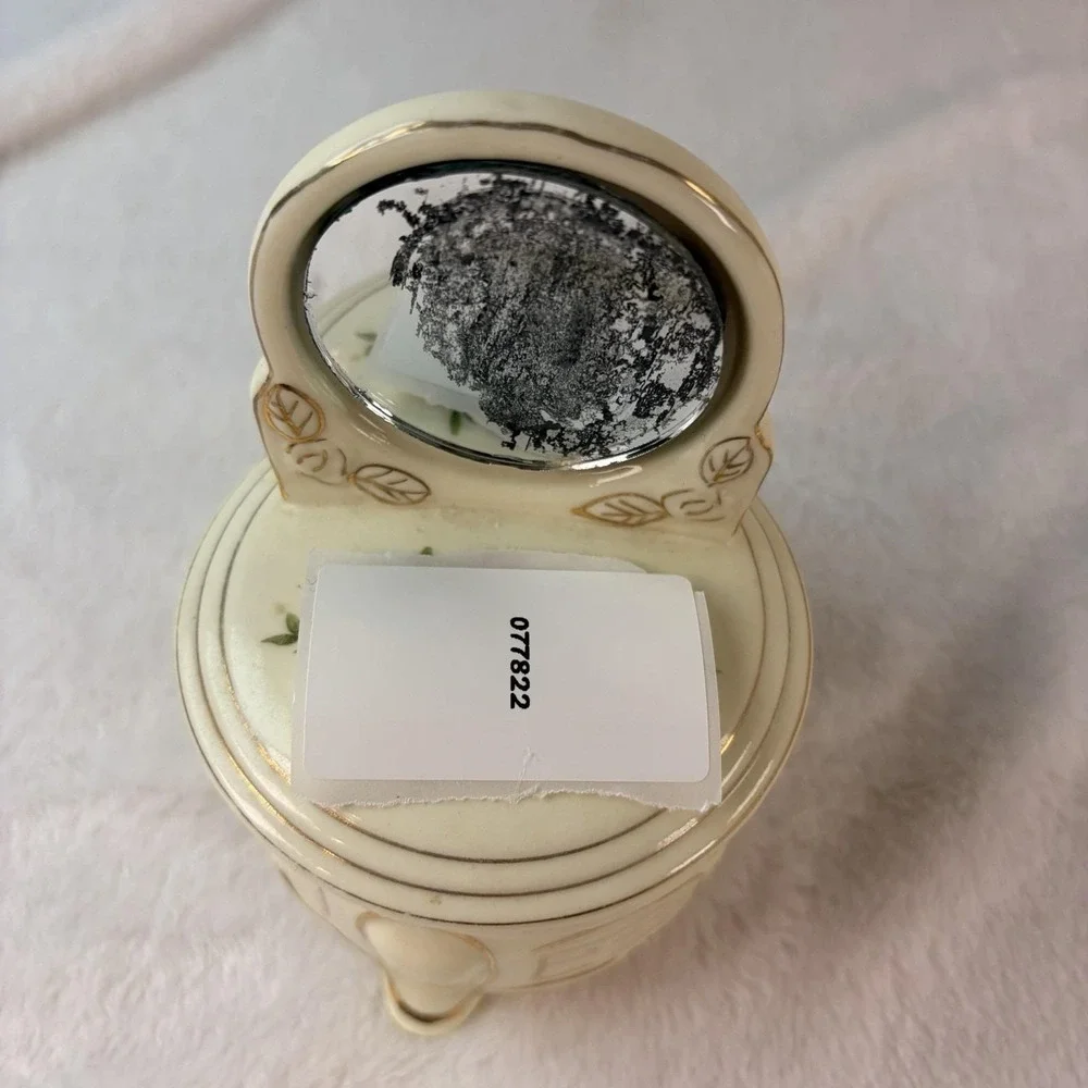 Vtg Porcelain Jewelry Trinket Box Floral Roses‎ Dresser Real Round Mirror Vanity